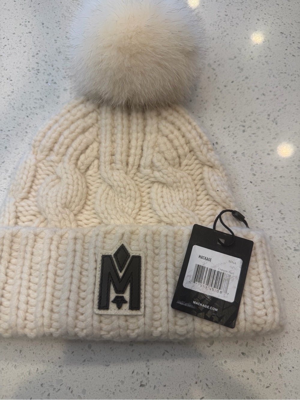 Mackage Cream Cable-Knit Pom Beanie with Logo Patch